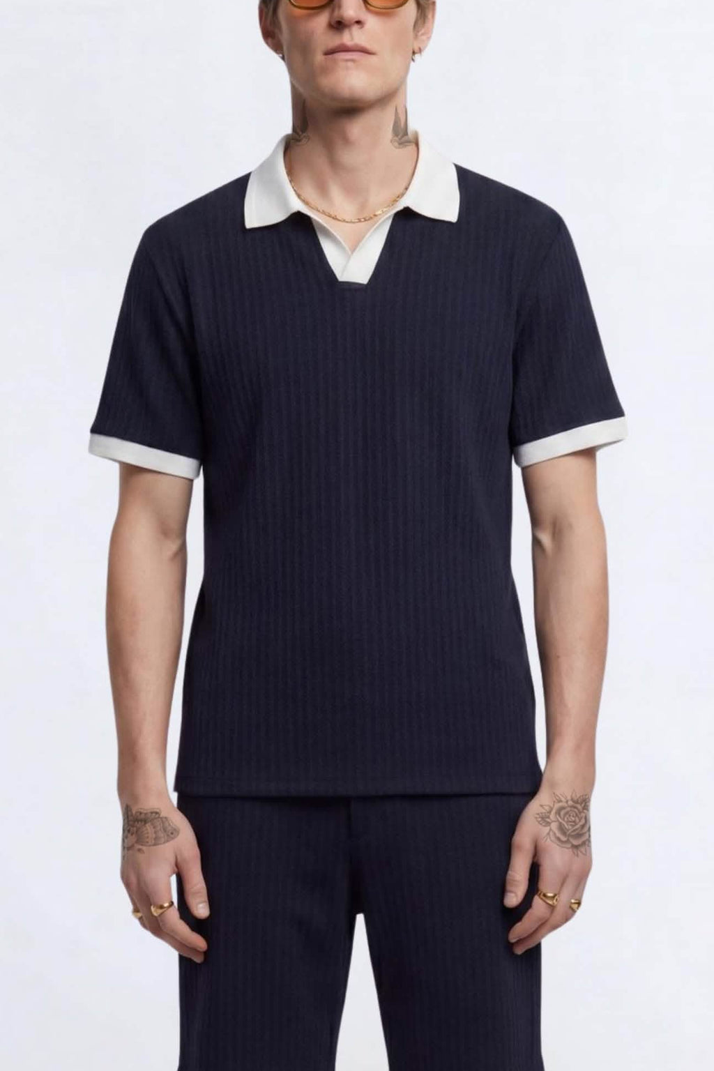 Apollo Fashions Urbanwear Henry Navy Textured Open Collar Polo
