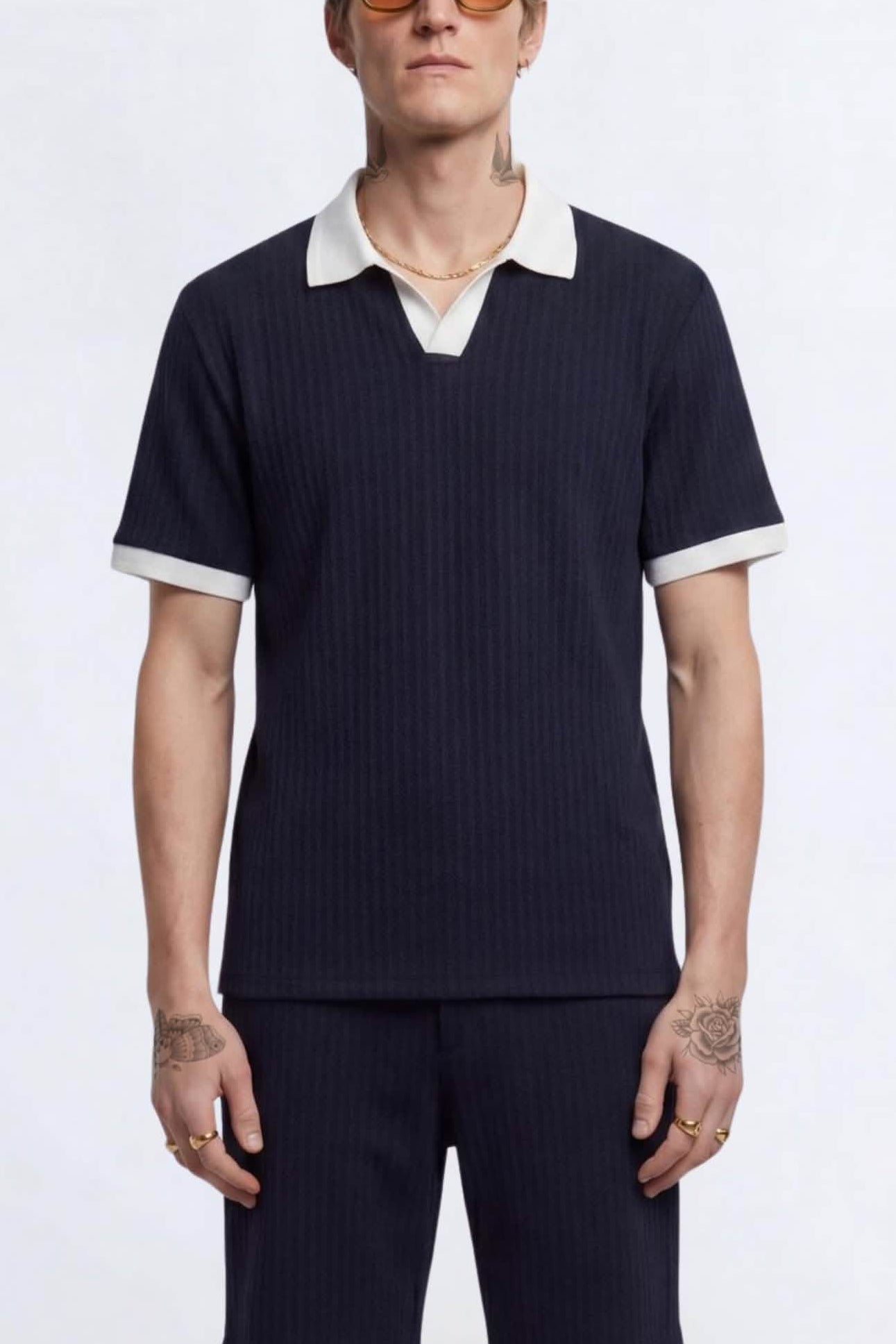 Apollo Fashions Urbanwear Henry Navy Textured Open Collar Polo