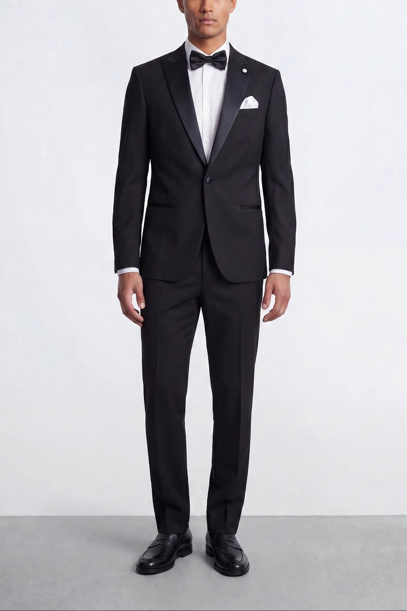 Apollo Fashions Urbanwear Kingdon Slim Fit Black Tuxedo Suit - Black formal tuxedo with peak lapel for men