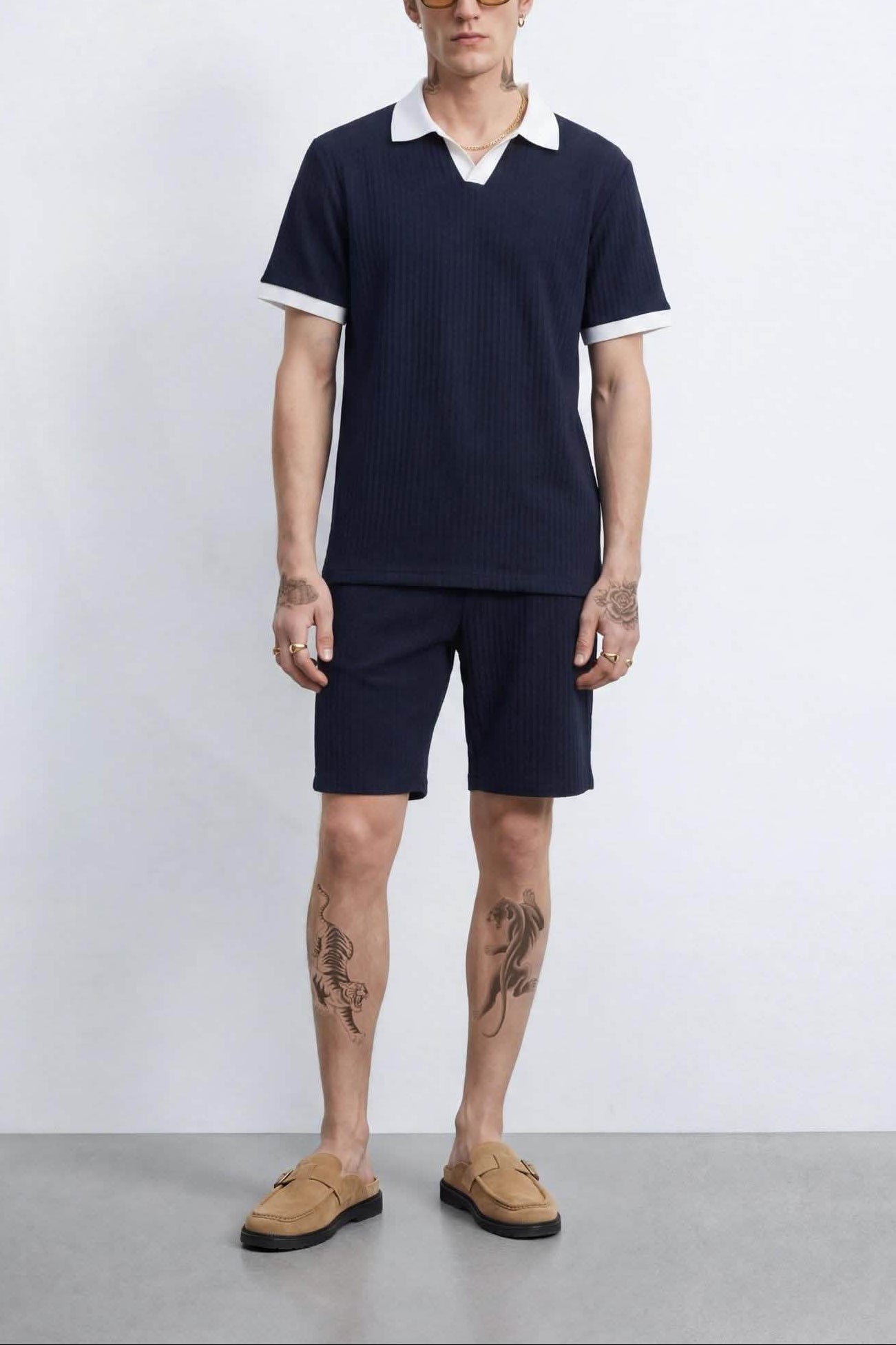 Apollo Fashions Urbanwear Navy Textured Open Collar Polo