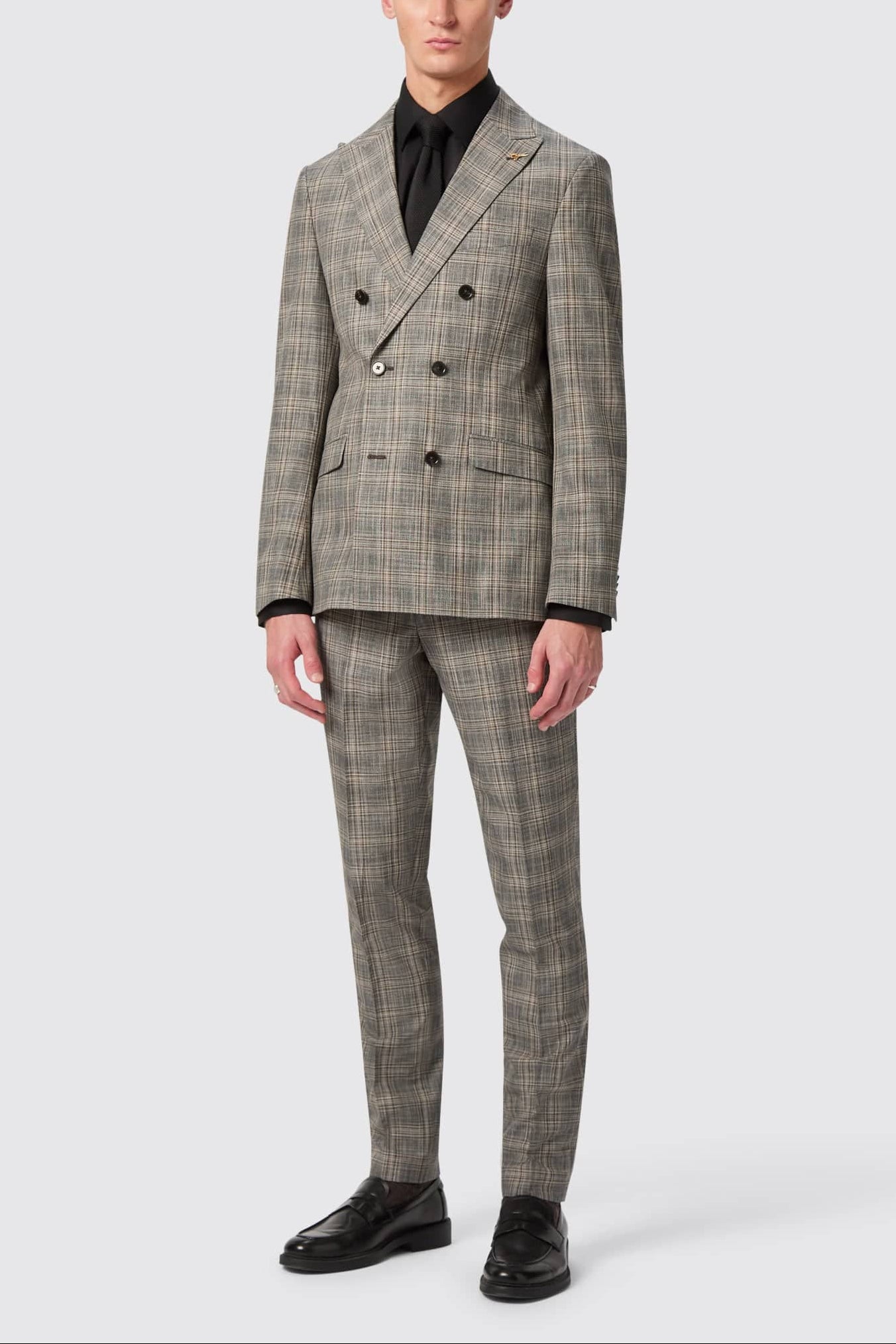 Apollo Fashions Urbanwear grey check double breasted suit with peak lapels